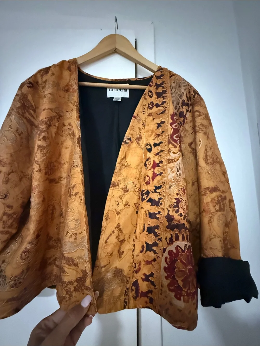 Chico's Golden Brown Printed Open-Front Jacket with Black Cuffs